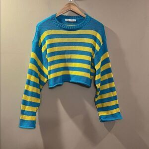 Zara Blue and Yellow Striped Crew Neck Sweater